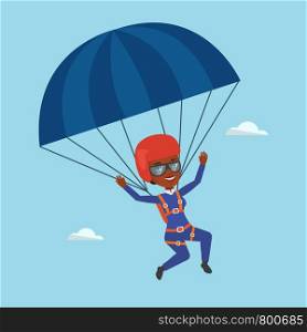 African-american woman flying with a parachute. Young woman paragliding on a parachute. Professional parachutist descending with a parachute in the sky. Vector flat design illustration. Square layout.. Young happy woman flying with parachute.