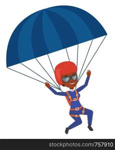 African-american woman flying with parachute. Young woman paragliding on parachute. Professional parachutist descending with a parachute. Vector flat design illustration isolated on white background.. Young happy woman flying with parachute.
