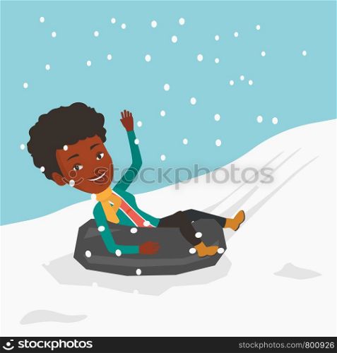 African-american woman having fun while sledding on snow rubber tube in mountains. Woman riding on snow rubber tube. Woman sitting in snow rubber tube. Vector flat design illustration. Square layout.. Woman sledding on snow rubber tube in mountains.
