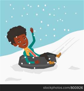 African-american woman having fun while sledding on snow rubber tube in mountains. Woman riding on snow rubber tube. Woman sitting in snow rubber tube. Vector flat design illustration. Square layout.. Woman sledding on snow rubber tube in mountains.