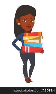 African-american woman holding a pile of educational books in hands. Student carrying huge stack of books. Student holding pile of books. Vector flat design illustration isolated on white background.. Woman holding pile of books vector illustration.