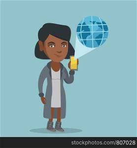 African-american woman holding a smartphone with a model of the planet earth coming out of the device. Concept of international technology communication. Vector cartoon illustration. Square layout.. International technology communication.