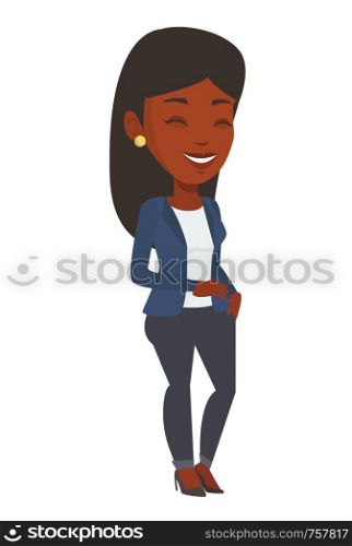 African-american woman holding belly and laughing. Young happy woman with closed eyes laughing. Full length of cheerful woman laughing. Vector flat design illustration isolated on white background.. Young african-american woman laughing.