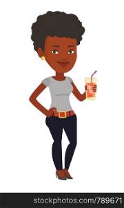 African-american woman holding cocktail glass with drinking straw. Joyful woman drinking cocktail. Happy woman celebrating with cocktail. Vector flat design illustration isolated on white background.. Woman drinking cocktail vector illustration.
