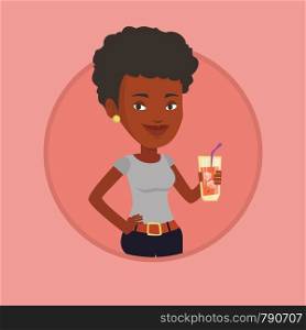 African-american woman holding cocktail glass with drinking straw. Woman drinking cocktail. Young woman celebrating with cocktail. Vector flat design illustration in the circle isolated on background.. Woman drinking cocktail vector illustration.