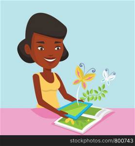 African-american woman holding digital tablet above the book. Woman looking at butterflies flying out from digital tablet. Concept of agmented reality. Vector flat design illustration. Square layout.. Augmented reality vector illustration.