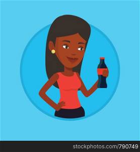 African-american woman holding fresh soda beverage in bottle. Woman standing with bottle of soda. Woman drinking soda from bottle. Vector flat design illustration in the circle isolated on background.. Young woman drinking soda vector illustration.