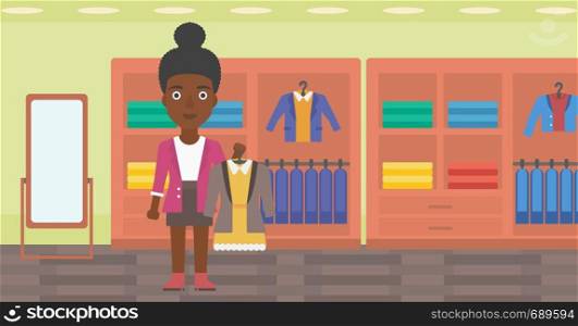 African-american woman holding hanger with dress and jacket. Woman choosing dress at clothing store. Shop assistant offering suit jacket and dress. Vector flat design illustration. Horizontal layout.. Woman holding dress with jacket.