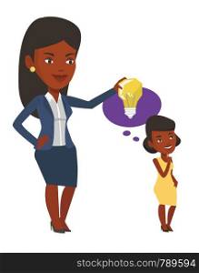 African-american woman holding idea bulb over head of her collegue. Businesswoman giving idea to her partner. Business idea concept. Vector flat design illustration isolated on white background.. Businesswoman giving idea bulb to her partner.