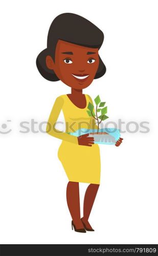 African-american woman holding in hands plastic bottle with plant growing inside. Young woman holding plastic bottle used as plant pot. Vector flat design illustration isolated on white background.. Woman holding plant growing in plastic bottle.