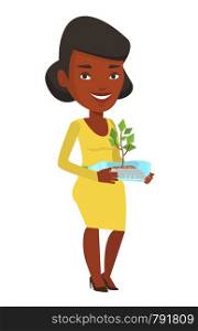 African-american woman holding in hands plastic bottle with plant growing inside. Young woman holding plastic bottle used as plant pot. Vector flat design illustration isolated on white background.. Woman holding plant growing in plastic bottle.