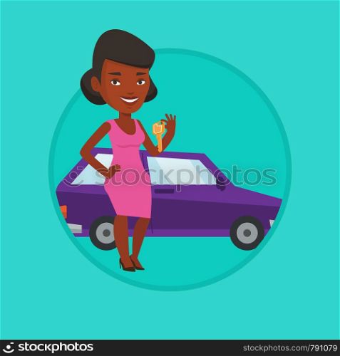 African-american woman holding keys to her new car. Woman showing key to her new car. Woman standing on the backgrond of new car. Vector flat design illustration in the circle isolated on background.. Woman holding keys to her new car.