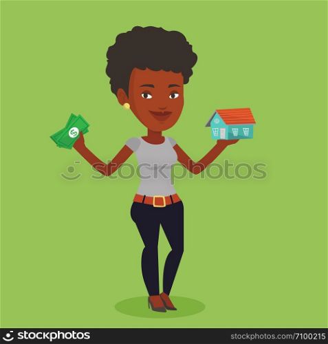 African-american woman holding money and model of house. Woman having loan for house. Woman got loan for buying a new house. Real estate loan concept. Vector flat design illustration. Square layout.. Woman buying house thanks to loan.