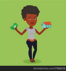 African-american woman holding money and model of house. Woman having loan for house. Woman got loan for buying a new house. Real estate loan concept. Vector flat design illustration. Square layout.. Woman buying house thanks to loan.