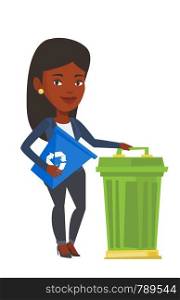 African-american woman holding recycling bin while standing near a trash can. Young woman carrying recycling bin. Waste recycling concept. Vector flat design illustration isolated on white background.. Woman with recycle bin and trash can.