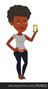African-american woman holding ringing mobile phone. Woman answering a phone call. Business woman standing with ringing phone in hand. Vector flat design illustration isolated on white background.. Woman holding ringing mobile phone.