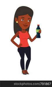 African-american woman holding soda beverage in bottle. Young woman standing with bottle of soda. Cheerful woman drinking soda from bottle. Vector flat design illustration isolated on white background. Young woman drinking soda vector illustration.