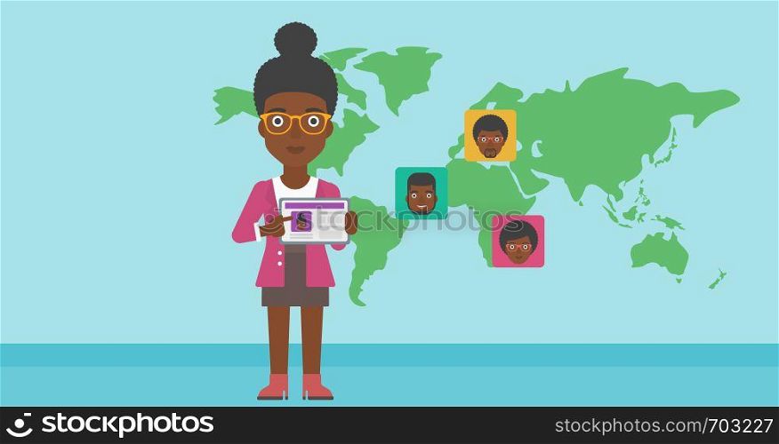 African-american woman holding tablet computer with social network user profile on a screen on a background of map with avatars of social network. Vector flat design illustration. Horizontal layout.. Woman holding tablet with social network.