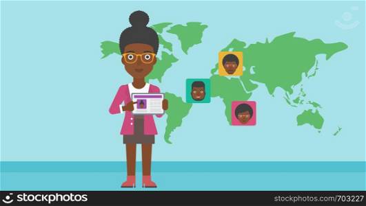 African-american woman holding tablet computer with social network user profile on a screen on a background of map with avatars of social network. Vector flat design illustration. Horizontal layout.. Woman holding tablet with social network.