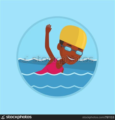 African-american woman in cap and glasses swimming in pool. Young swimmer in swimming pool. Woman swimming forward crawl style. Vector flat design illustration in the circle isolated on background.. Woman swimming vector illustration.