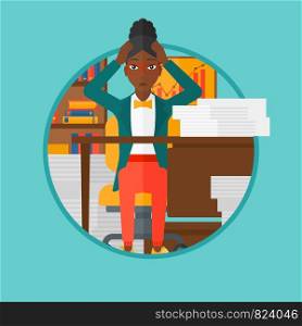 African-american woman in despair sitting at workplace and clutching her head. Business woman sitting in front of heap of papers. Vector flat design illustration in the circle isolated on background.. Despair woman espair sitting in office.