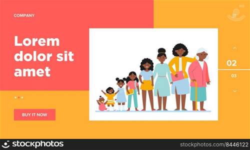 African American woman in different age. Life, youth, development flat vector illustration. Growth cycle and generation concept for banner, website design or landing web page