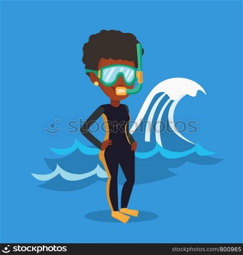 African-american woman in diving suit, flippers, mask and tube standing on the background of wave. Diver enjoying snorkeling. Diver ready for snorkeling. Vector flat design illustration. Square layout. Young scuba diver vector illustration.