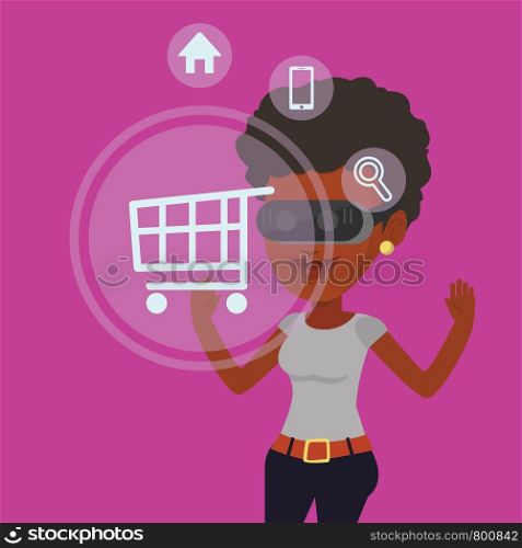 African-american woman in virtual reality headset looking at shopping cart icon. Girl doing online shopping. Virtual reality and shopping online concept. Vector flat design illustration. Square layout. Woman in virtual reality headset shopping online.