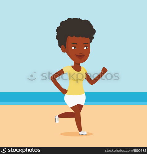 African-american woman jogging on the beach. Sporty girl running on the beach. Woman running along the seashore. Fit woman enjoying jogging on beach. Vector flat design illustration. Square layout.. Young sporty woman jogging on the beach.