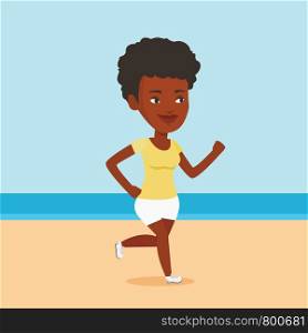 African-american woman jogging on the beach. Sporty girl running on the beach. Woman running along the seashore. Fit woman enjoying jogging on beach. Vector flat design illustration. Square layout.. Young sporty woman jogging on the beach.