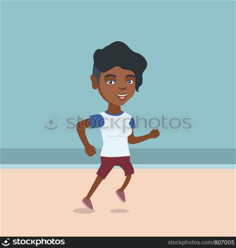 African-american woman jogging on the beach. Young sportswoman running along the seashore. Sporty woman enjoying jogging on the beach. Vector cartoon illustration. Square layout.. Young african-american woman jogging on the beach.