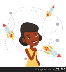 African-american woman looking at flying business rockets. Woman came up with an idea for a business startup. Business startup concept. Vector flat design illustration isolated on white background.. Business start up vector illustration.