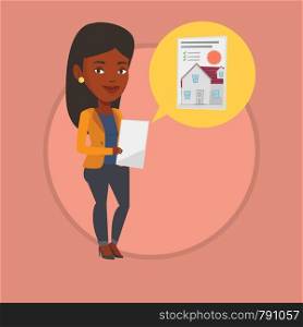 African-american woman looking at photo of a house on a tablet computer. Woman seeking for appropriate house on a tablet computer. Vector flat design illustration in the circle isolated on background.. Woman looking for house vector illustration.