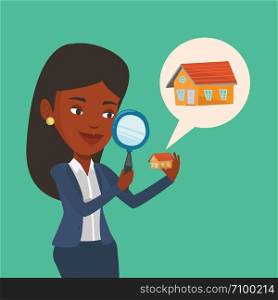 African-american woman looking for a new house in real estate market. Young woman using a magnifying glass for seeking a new house in real estate market. Vector flat design illustration. Square layout. Woman looking for house vector illustration.