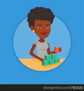 African-american woman making pyramid of network avatars. Woman building her social network. Networking and communication concept. Vector flat design illustration in the circle isolated on background.. Woman building pyramid of network avatars.