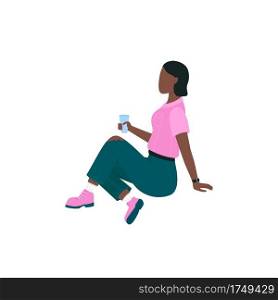 African american woman on picnic flat color vector faceless character. Girl sit on ground, drink from cup. Spring outdoor activity isolated cartoon illustration for web graphic design and animation. African american woman on picnic flat color vector faceless character
