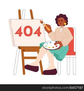 African american woman painting error 404 flash message. Color palette artist equipment. Empty state ui design. Page not found popup cartoon image. Vector flat illustration concept on white background. African american woman painting error 404 flash message