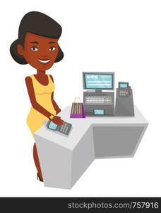 African-american woman paying wireless with her smart watch at the checkout counter. Customer making payment for purchase with smart watch. Vector flat design illustration isolated on white background. Woman paying wireless with smart watch.