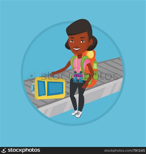 African-american woman picking up suitcase on luggage conveyor belt at airport. Young woman taking her luggage at conveyor belt. Vector flat design illustration in the circle isolated on background.. Woman picking up suitcase on luggage conveyor belt