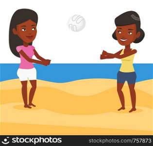 African-american woman playing beach volleyball with her friend. Two women having fun while playing beach volleyball during summer holiday. Vector flat design illustration isolated on white background. Two women playing beach volleyball.