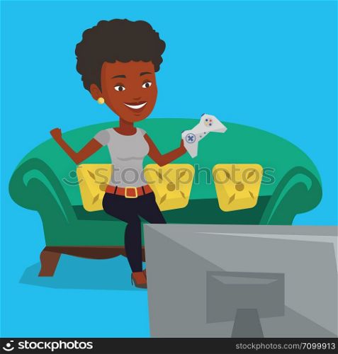 African-american woman playing video game. Excited woman with console in hands playing video game at home. Woman celebrating her victory in video game. Vector flat design illustration. Square layout.. Woman playing video game vector illustration.