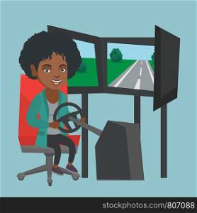 African-american woman playing video game with a gaming steering wheel. Woman driving a car simulator. Young cheerful woman playing car racing video game. Vector cartoon illustration. Square layout.. Young african woman playing car racing video game.