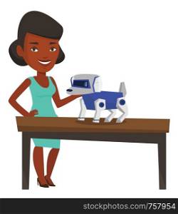 African-american woman playing with a robotic dog. Woman standing near the table with a robotic dog on it. Woman stroking a robotic dog. Vector flat design illustration isolated on white background.. Happy young woman playing with robotic dog.