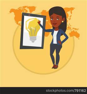 African-american woman pointing at a big tablet computer with a light bulb on a screen. Busineswoman standing near tablet computer. Vector flat design illustration in the circle isolated on background. Woman pointing at big tablet computer.