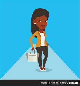 African-american woman posing on catwalk during fashion event. Female model walking on catwalk during fashion week. Woman on catwalk during fashion show. Vector flat design illustration. Square layout. Woman posing on catwalk during fashion show.