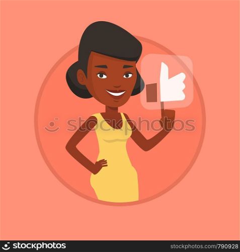 African-american woman pressing modern social button with thumb up. Young happy woman pressing like button. Social network concept. Vector flat design illustration in the circle isolated on background. Woman pressing like button vector illustration.