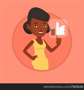 African-american woman pressing modern social button with thumb up. Young happy woman pressing like button. Social network concept. Vector flat design illustration in the circle isolated on background. Woman pressing like button vector illustration.