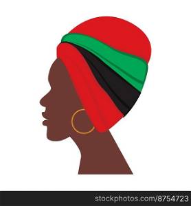 African American woman profile in national headdress in traditional African shades. Sticker. Icon. Isolate. Good for lettering, banner, poster, cards, invitation or greeting, label and price tag. EPS