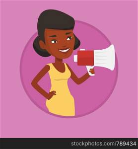 African-american woman promoter holding a megaphone. Young woman promoter speaking into megaphone. Social media marketing concept. Vector flat design illustration in the circle isolated on background.. Young woman speaking into megaphone.