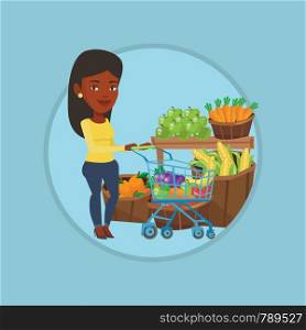 African-american woman pushing a supermarket cart with some healthy products in it. Customer shopping at supermarket with cart. Vector flat design illustration in the circle isolated on background.. Customer with shopping cart vector illustration.